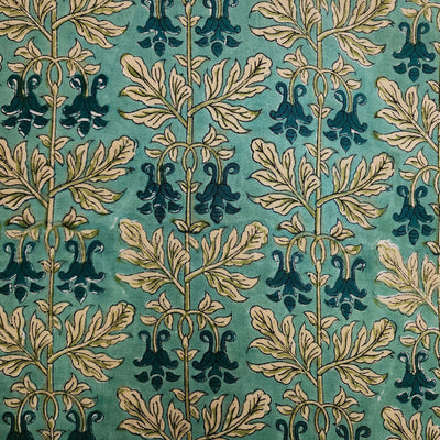 Pure Cotton Jaipuri Light Green With Light Green And Teal Green Flower Creeper Hand Block Print Fabric