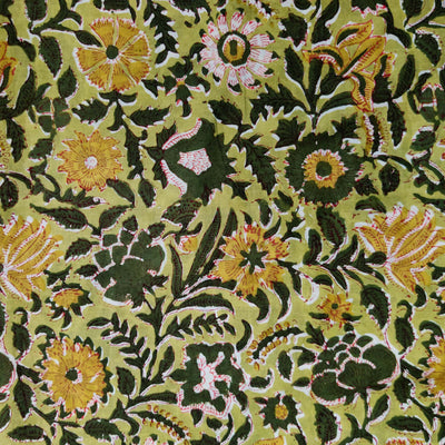 Pure Cotton Jaipuri Light Green With Mustard And Dark Green Wild Jaal Hand Block Print Fabric