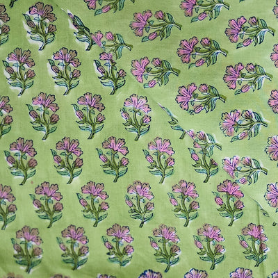 Pure Cotton Jaipuri Light Green With Pink Flower Bud Motifs Hand Block Print Fabric