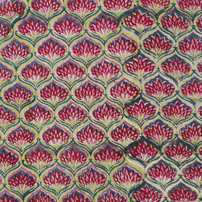 Pure Cotton Jaipuri Light Green With Red Lotus Jaali Hand Block Print Fabric