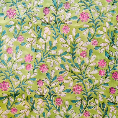 Pure Cotton Jaipuri Light Green With White Pink Teal Tiny Flower Jaal Hand Block Print Fabric