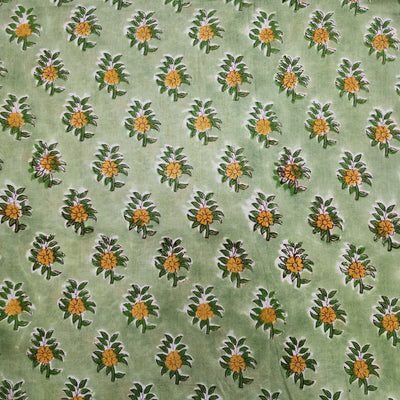 Pure Cotton Jaipuri Light Green With Yellow Tiny Datura Fllowers Motifs Hand Block Print