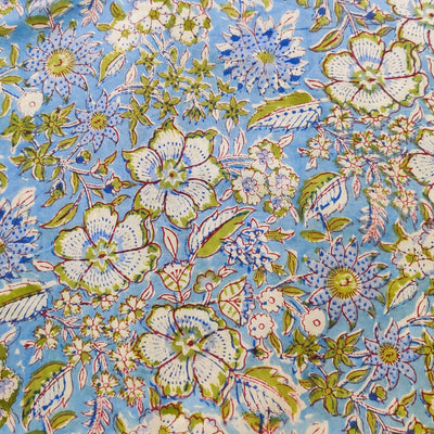 Pure Cotton Jaipuri Light Pastel Blue With Assorted Flower Jaal Hand Block Print Fabric