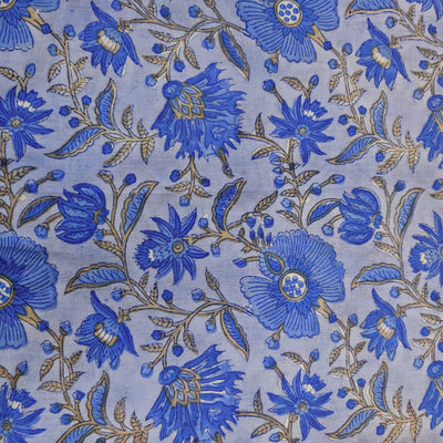 Pre-cut 1.70 meter Pure Cotton Jaipuri Light Purplish Blue With Shades Of Blue Purple Wild Floral Jaal Hand Block Print Fabric