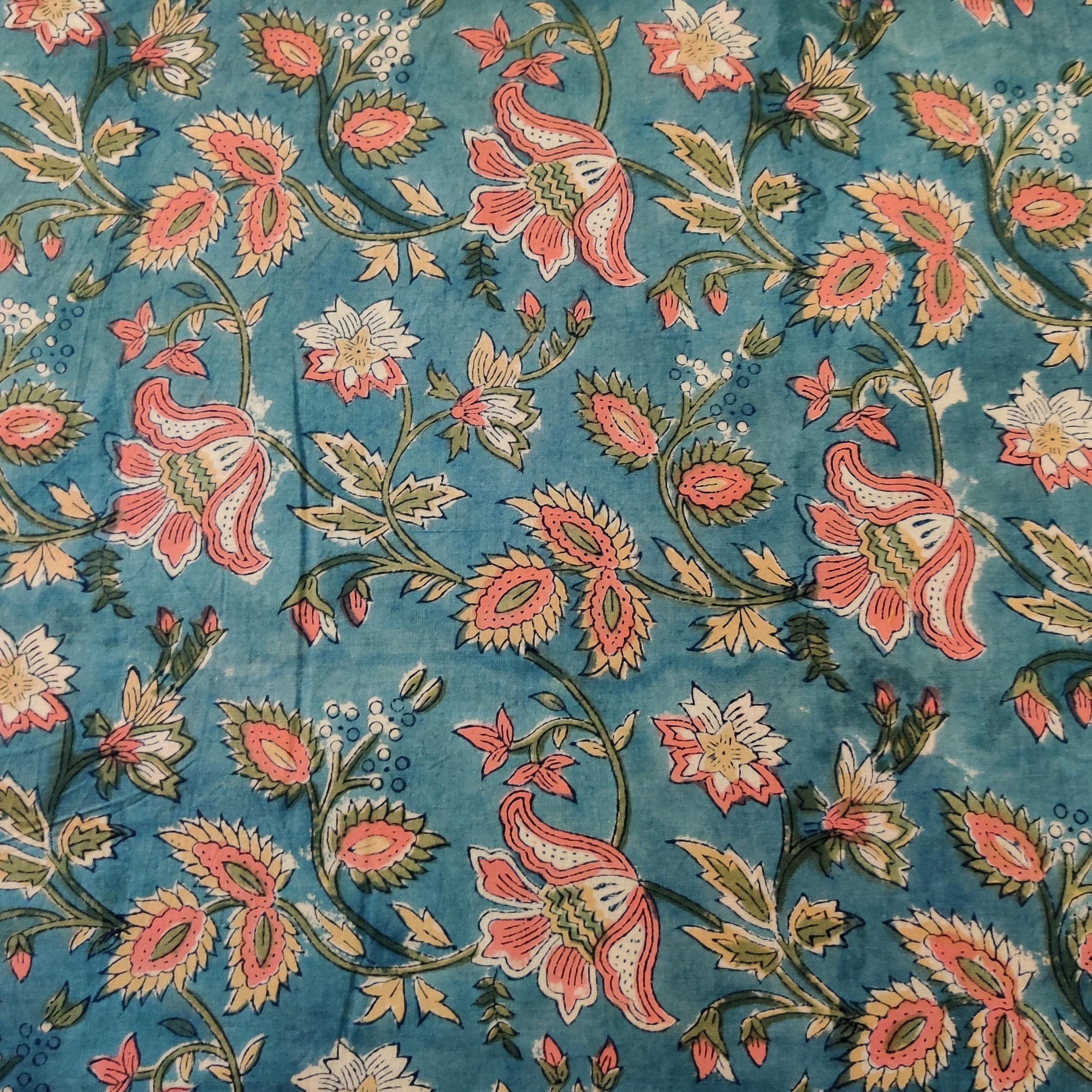 Pure Cotton Jaipuri Light Teal With Pink And Light Brown Floral Jaal H ...
