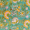 Pure Cotton Jaipuri Light Teal With Yellow And White Flower Jaal Hand Block Print Fabric