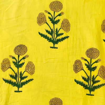 Pre- cut ( 2.35 meter ) Pure Cotton Jaipuri Light Yellow With Three Flower Plant Motif Hand Block Print Fabric