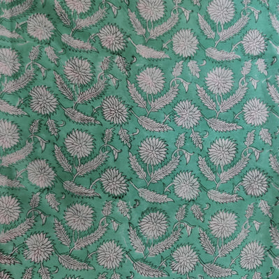 Pure Cotton Jaipuri Mint Green With White Flower Hand Block Print Fabric