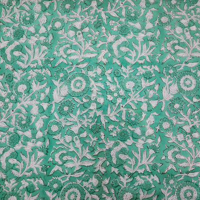 Pure Cotton Jaipuri Mist Green With Green And White Floral Jaal Hand Block Print Fabric