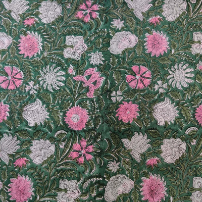 Pure Cotton Jaipuri Moss Pastel Green With Multi Flower Hand Block Print Blouse Piece Fabric ( 1 meter )