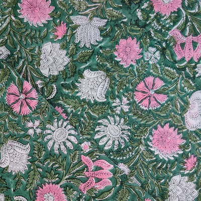 Pure Cotton Jaipuri Moss Pastel Green With Multi Flower Hand Block Print Fabric