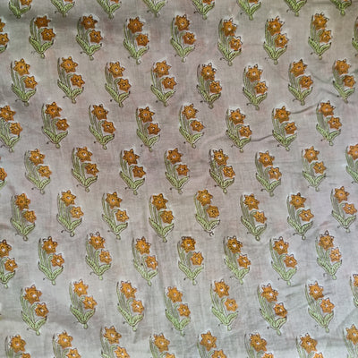 Pure Cotton Jaipuri Mul Pastel Grey With Orange Double Flower Motifs Hand Block Print Fabric