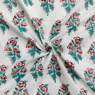 Pure Cotton Jaipuri Mul White Red And Teal Rose Motif Hand Block Print Fabric