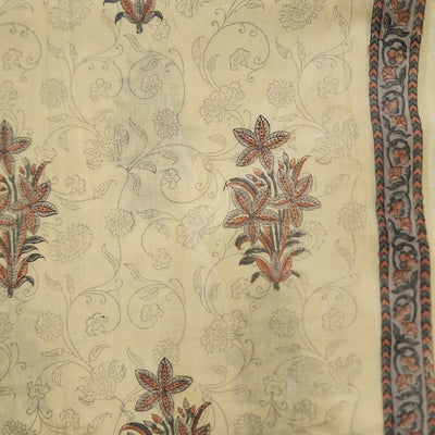 Pure Cotton Jaipuri Mustard With Orange And Grey Big Flower Motifs Hand Block Print Fabric