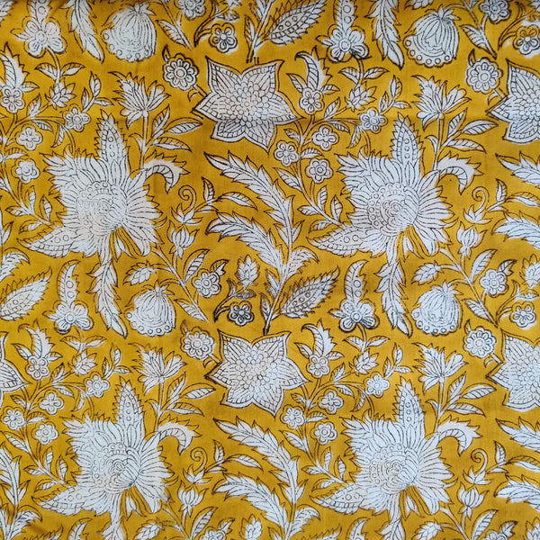 Pre-Cut 1.95 Meters Pure Cotton Jaipuri Mustard Yellow With Wild Flower Jaal Hand Block Print Fabric