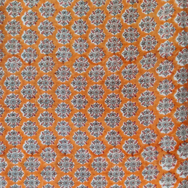 Pre-cut 2 meter Pure Cotton Jaipuri Orange With Flower Hand Block Print Fabric