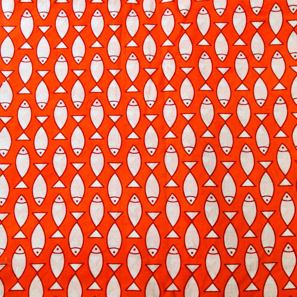 Pre-cut 2 meter Pure Cotton Jaipuri Orange With White Fish Hand Block Print Fabric