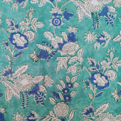 Pre-cut (1.75 meter) Pure Cotton Jaipuri Pastel Blue Wit Cream And Blue Hand Block Print Fabric