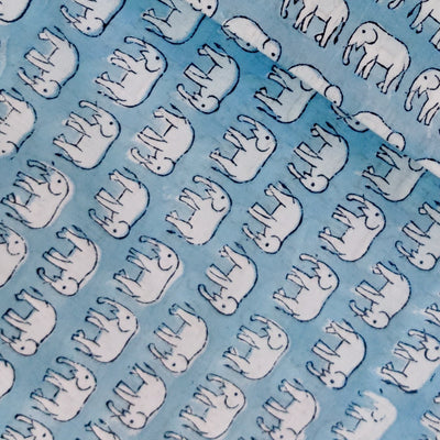 Pure Cotton Jaipuri Pastel Blue With Tiny Baby Elephant Hand Bock Print Fabric