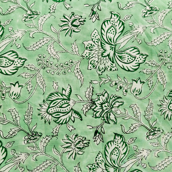 pre-cut Pure Cotton Jaipuri Pastel Green With Wild Flower Hand Block Print Fabric( 1.80 meter)