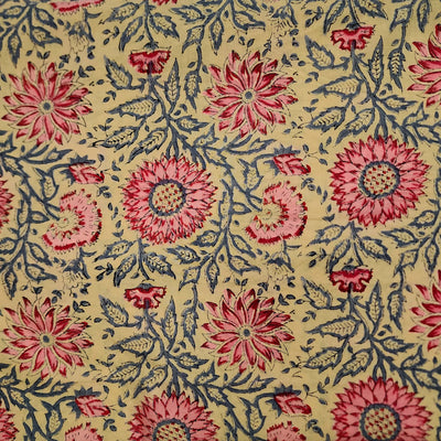 Pure Cotton Jaipuri Pastel Light Yellow With Shades Of Pink Sunflower Jaal Hand Block Print Fabric