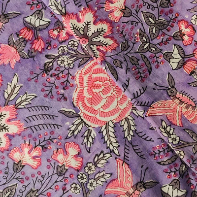 Pure Cotton Jaipuri Pastel Purple With Pink Wild Rose Print And Grey Flower Jaal Hand Block blouse piece Fabric(0.80 meter)