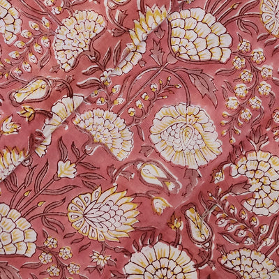 Pure Cotton Jaipuri Peach With Cream Yellow Fountain Plant Hand Block Print Fabric