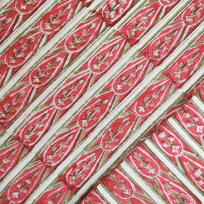Pure Cotton Jaipuri Peach With  Green Border Hand Block Print Fabric
