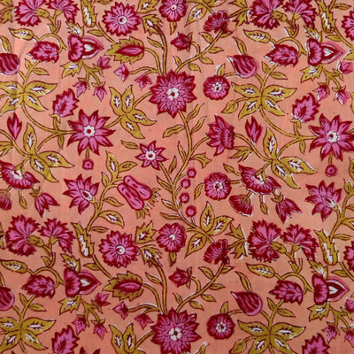 Pure Cotton Jaipuri Peach With Pink Maroon Flower Jaal Hand Block Print Blouse Fabric ( 90 CM )