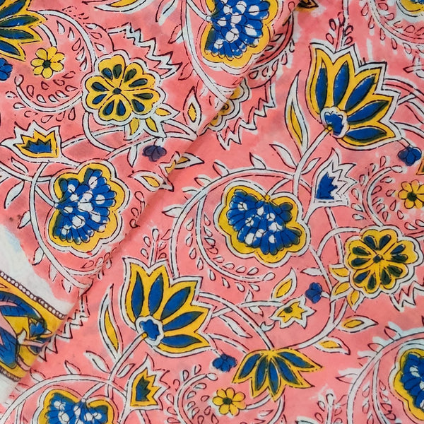 Blouse Piece 0.80 meter Pure Cotton Jaipuri Peach With Yelow Blue Floral Jaal Hand Block Print Fabric