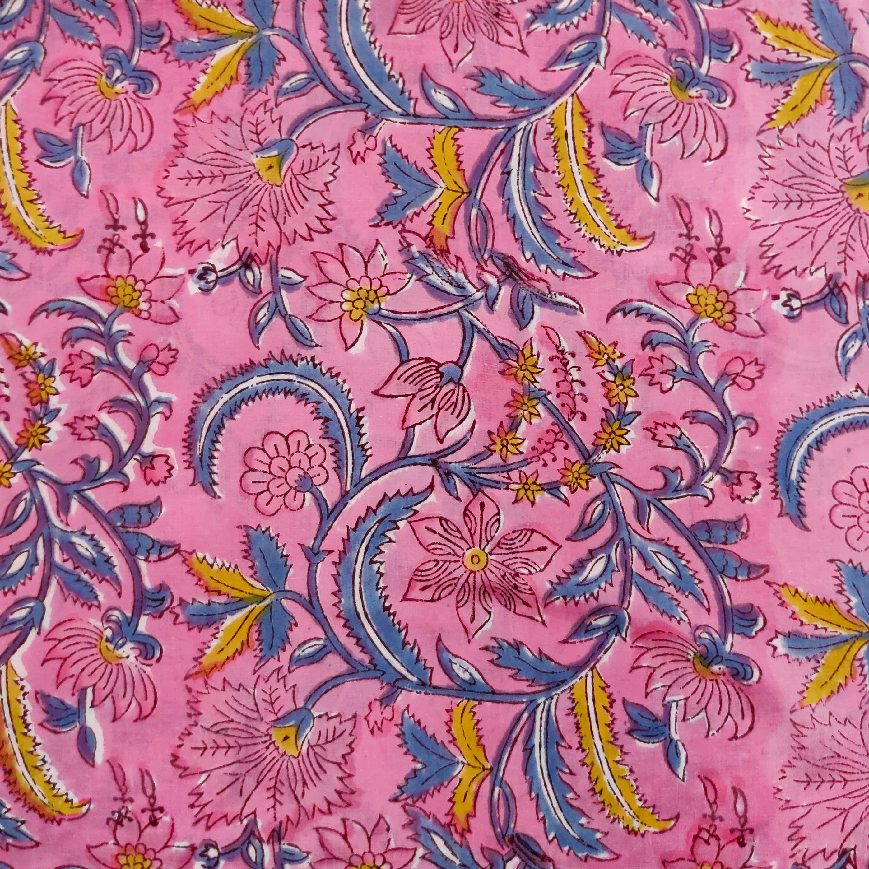 Pure Cotton Jaipuri Pink With Blue Tuberose Flower Jaal Hand Block Pri ...