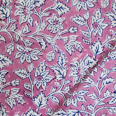 Pure Cotton Jaipuri Pink With Blue White Floral Jaal Hand Block Print Fabric