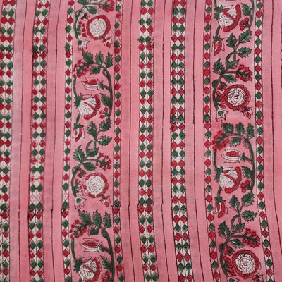 Pure Cotton Jaipuri Pink With Green Red Creeper Big Border And Small Double Border Hand Block Print Fabric