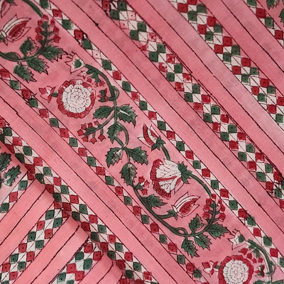 Pure Cotton Jaipuri Pink With Green Red Creeper Big Border And Small Double Border Hand Block Print Fabric