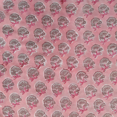 Precut 2.40 Meter Pure Cotton Jaipuri Pink With Grey And Pink Flower Plant Hand Block Print Fabric