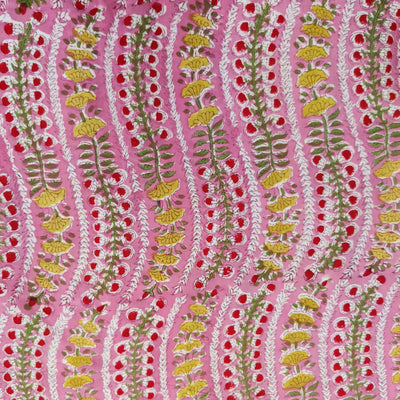 Per-Cut 1.50 Meter Pure Cotton Jaipuri Pink With Wavy French Floral Creeper Hand Block Print Fabric