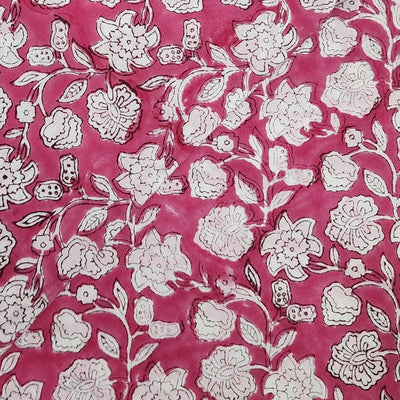 Pure Cotton Jaipuri Pink With White Floral Jaal Hand Block Print Fabric