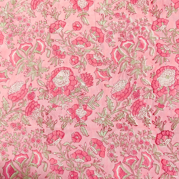 Pre-cut 1.30 meter Pure Cotton Jaipuri Pink With Wild Pink Flower Hand Block Print Fabric