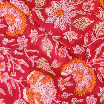Pure Cotton Jaipuri Pinkish Red With Orange And Baby Pink Wild Flower Jaal Hand Block Print Fabric
