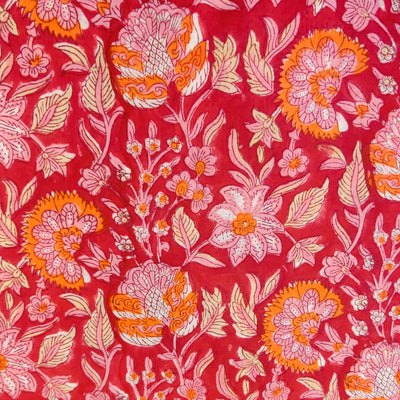 Pure Cotton Jaipuri Pinkish Red With Orange And Baby Pink Wild Flower Jaal Hand Block Print Fabric