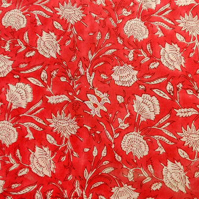 Pure Cotton Jaipuri Red With Flower Jaal Hand Block Print Blouse Fabric ( 97 CM )