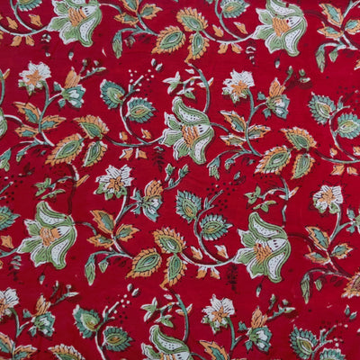 Blouse Piece 1.20 meter Pure Cotton Jaipuri Red With Green And Orange Musard Jaal Hand Block Print Fabric