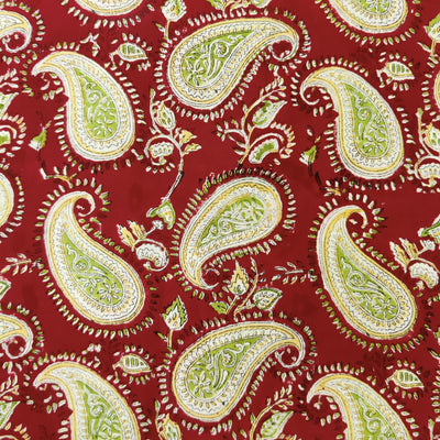 Precut 1.70 Meter Pure Cotton Jaipuri Red With Green Cream Kairi Jaal Hand Block Print Fabric