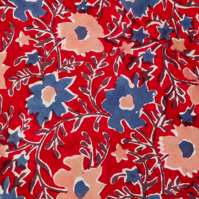 Pre- cut ( 1.47 Meter )Pure Cotton Jaipuri Red With Peach Blue Flower Jaal Hand Block Print Fabric
