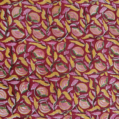 Pre-cut ( 2.18 meter)Pure Cotton Jaipuri Red With Pink And Yellow Wild Floral Jaal Hand Block Print  Fabric