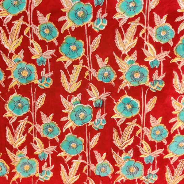 Pre-cut Pure Cotton Jaipuri Red With Teal Flower Grass Hand Block Print Fabric( 1.70 meter)
