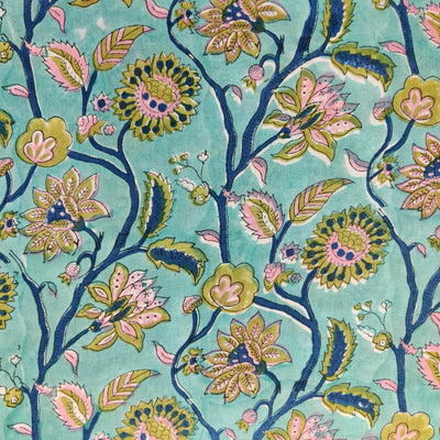 Blouse Piece 1 Meter Pure Cotton Jaipuri Sea Blue With Lotus Jaal Hand Bock Print Fabric