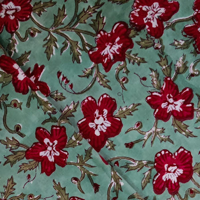 Pure Cotton Jaipuri Sea Green With Maroon Flower Creaper Hand Block Print Fabric