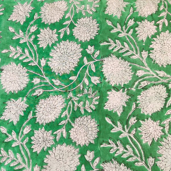 Pure Cotton Jaipuri Seafoam Green With White Flower Jaal Hand Block Print Fabric