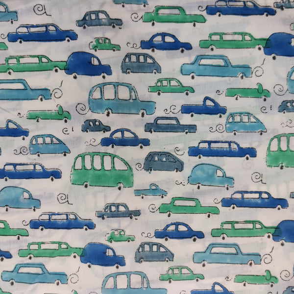 Pre-cut 2.30 meter Pure Cotton Jaipuri Shades Of Green Blue Cars Hand Block Print Fabric